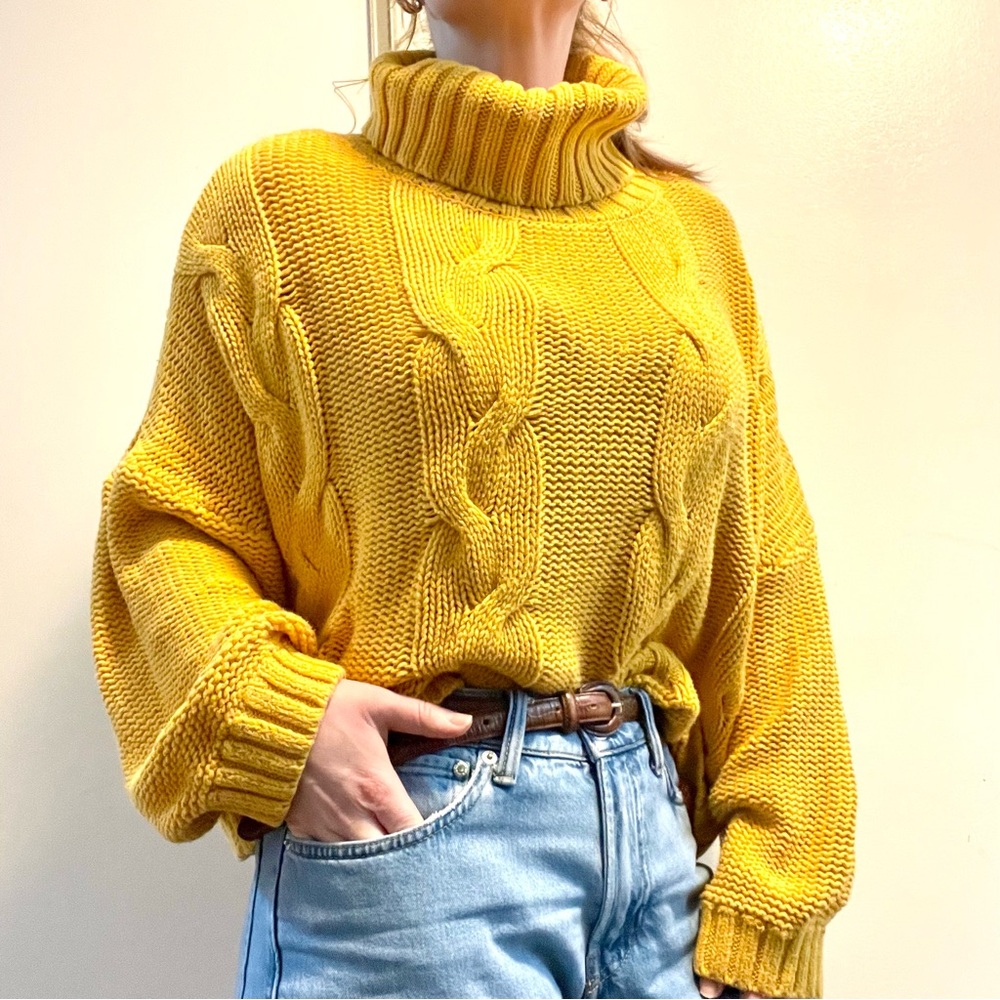 Women’s Cable Knit Mustard Turtleneck Gilmore Girls Rory Cozy Sweater